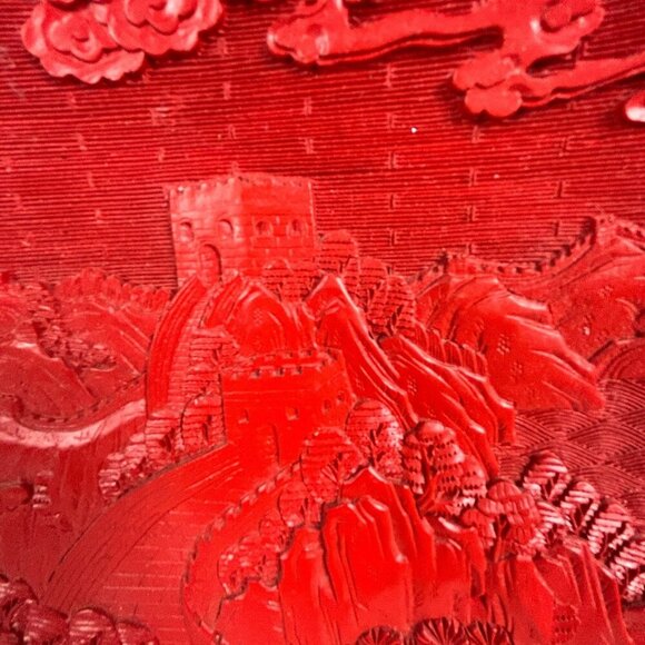 Vintage Chinese Red Cinnabar Hand Carved Wood Plate Landscape 10" - Picture 3 of 10